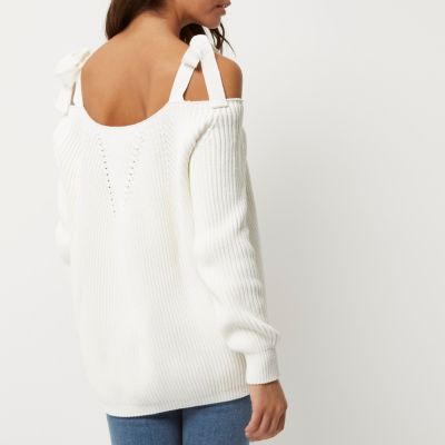White tie shoulder knit jumper